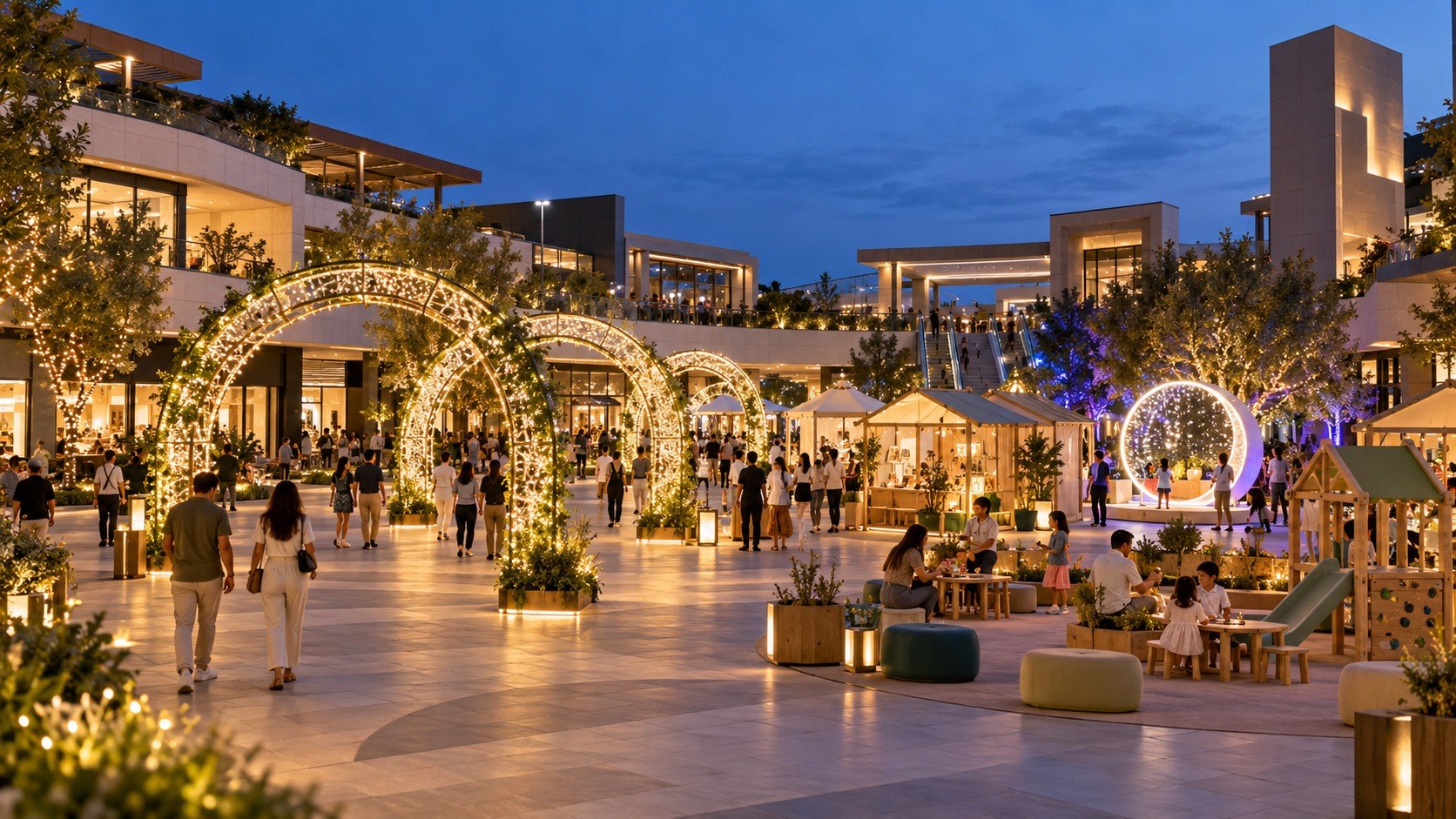 Işıklı geçişler, etkinlik stantları ve çocuk alanlarıyla açık hava festival konsepti